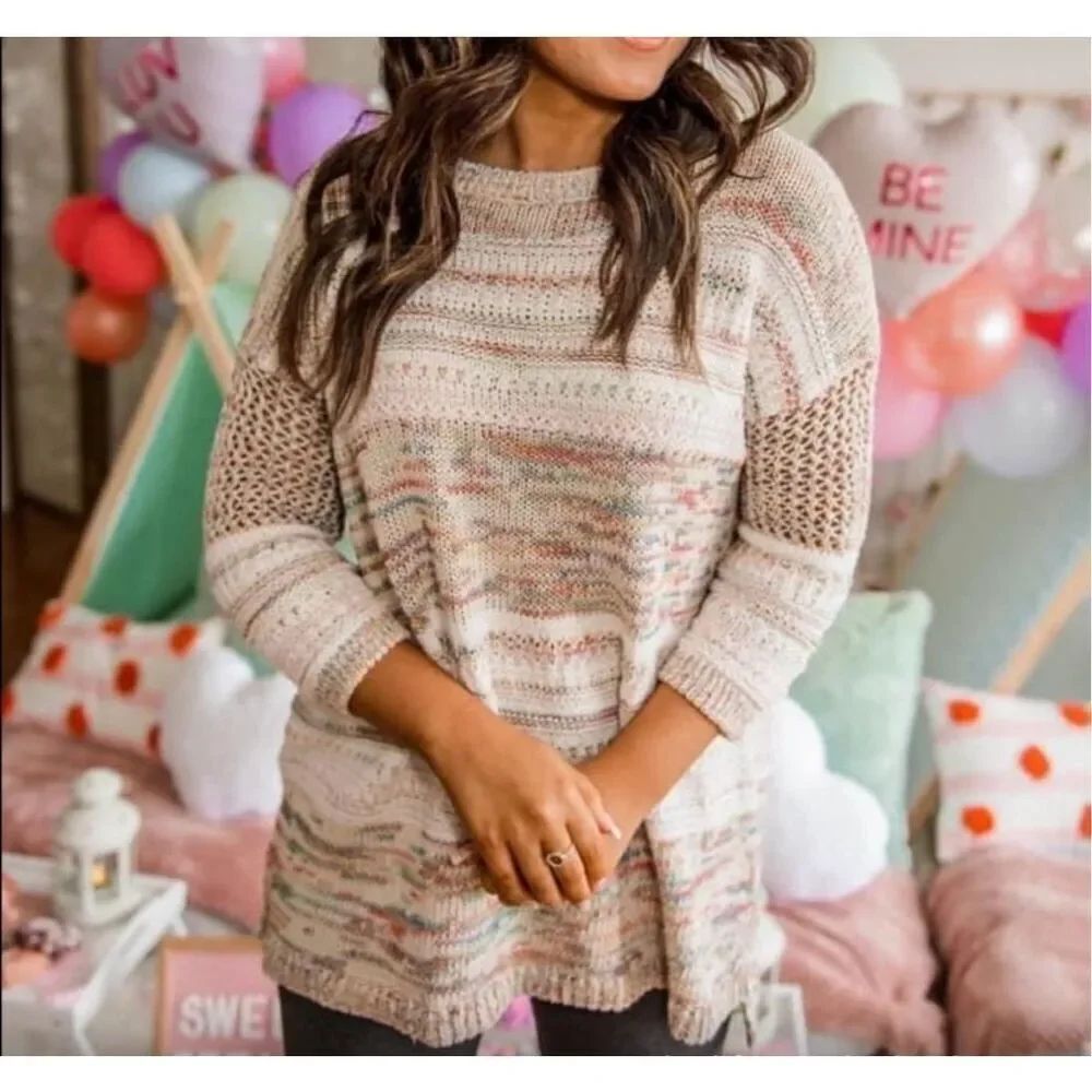 Matilda Jane Multi Stripe & Knit 3/4 Sleeve Sweater sz S Oversized NWOT